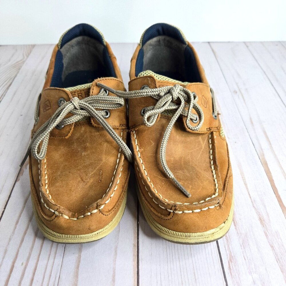 Sperry Lanyard Leather Boat Shoes Tan Kids Big Boy Size 5M